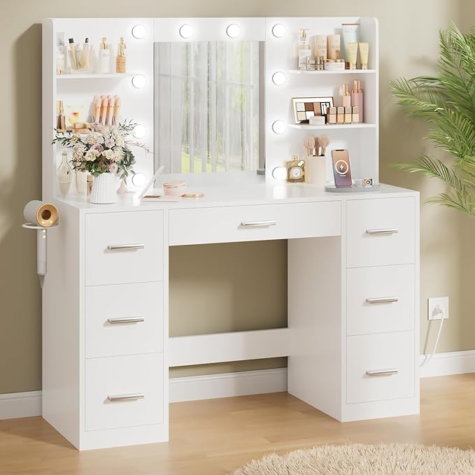 Makeup Vanity Desk with Mirror and 10 Lights, Table with 7 Drawers and 4 Open Shelves, 3 Color Modes and Adjustable Brightness, Charging Station for Bedroom, Bright White