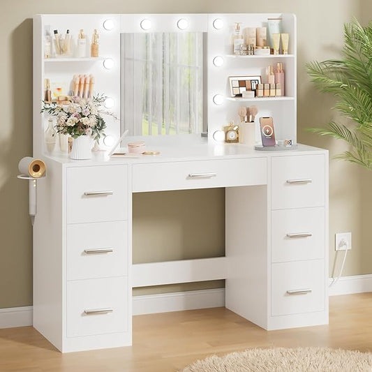 Makeup Vanity Desk with Mirror and 10 Lights, Table with 7 Drawers and 4 Open Shelves, 3 Color Modes and Adjustable Brightness, Charging Station for Bedroom, Bright White