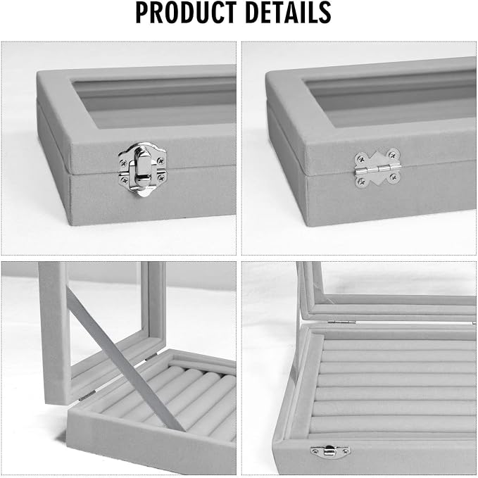 Vicoter Rings Organizer Tray 7 Slots Velvet Jewelry Earring Storage Box with Transparent lid Jewelry Display Case for Girls Wife Mom Women (Grey) - Image 4