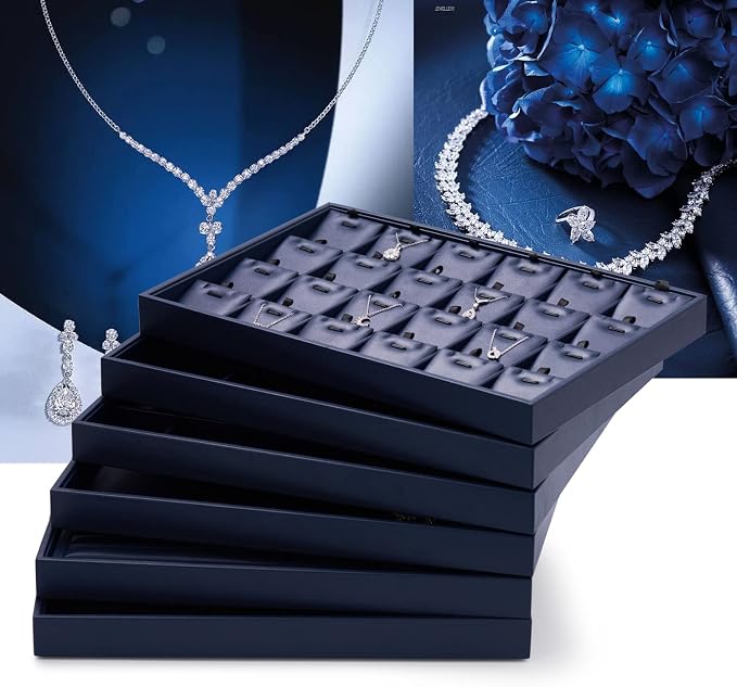 Oirlv Stackable Necklace Pendant Bracelet Organizer Tray Blue Leather Jewelry Drawer Organizer Trays - Image 2