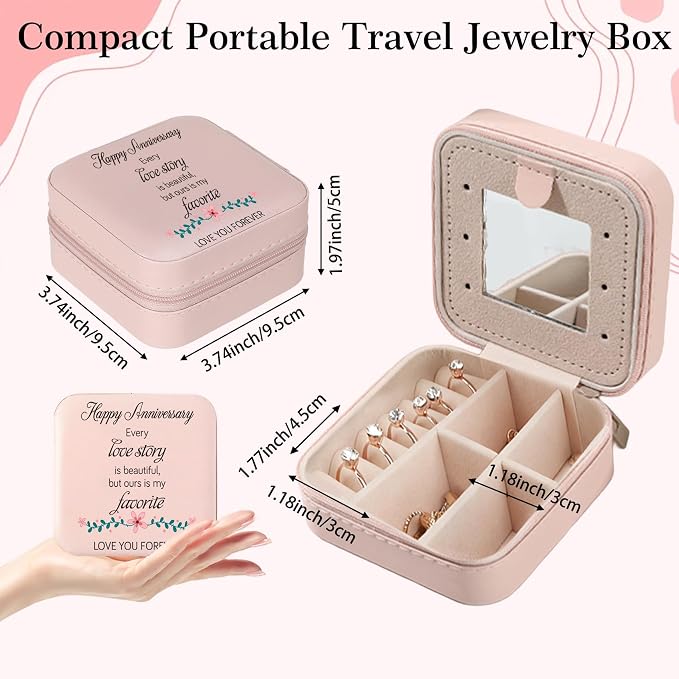 Wedding Anniversary Keepsake Gift for Her Wife Girlfriend Romantic Happy Anniversary Marriage Gift for Women Pink Portable Travel Jewelry Box with Mirror Jewelry Display Case Holder Organizer - Image 2