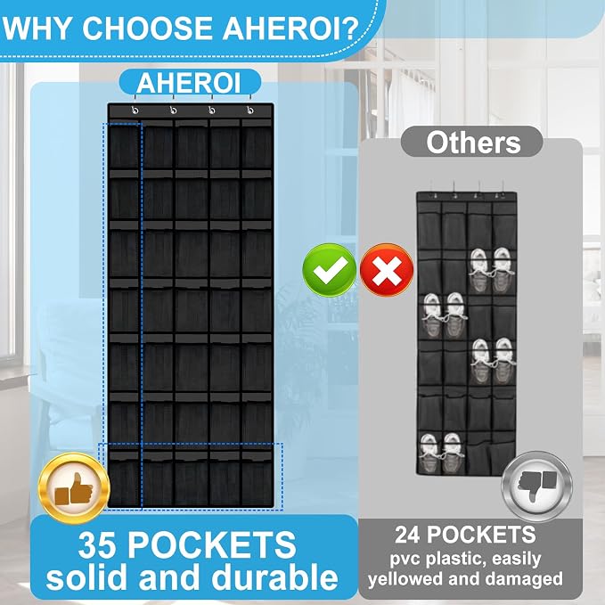 Aheroi 35 Pockets Large Over the Door Organizer, Breathable Mesh Pockets Hanging Shoe Organizer, Black Door Shoe Organizer Mesh Closet Shoe Holder Hanger Holds Up to 40 lbs, Space Saving Shoe Rack - Image 4
