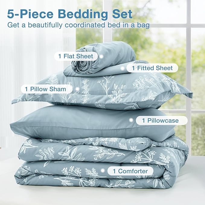 MUXHOMO Mineral Blue Twin Comforter Set, Elegant Floral Print Bed in a Bag 5 Pieces, Ultra Soft & Breathable Reversible Botanical Pattern Bedding Set with Comforter, Sheets, Pillowcase, and Sham