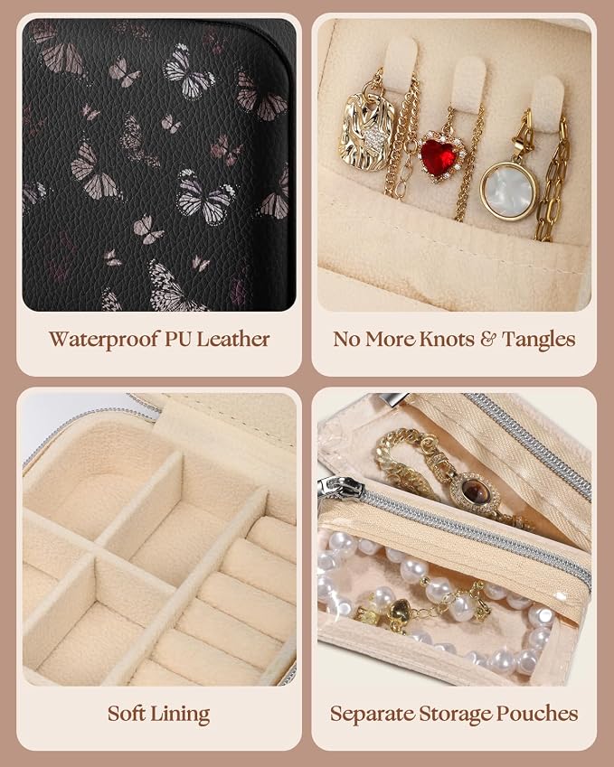 Bistup Travel Jewelry Case - Small Jewelry Organizers and Storage Box for Women Girls Teens Cute Traveling Jewelry Holder Mirror Little Tiny Compact Modern Unique Aesthetic Pretty, Black Butterfly - Image 5