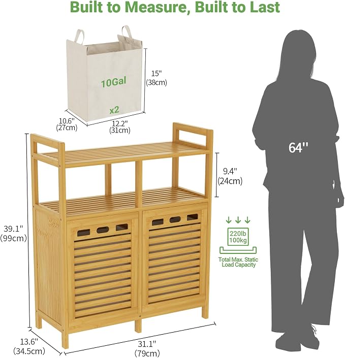 Homykic Tilt Out Laundry Hamper Cabinet, Bamboo Double Laundry Hamper with 2 Removable Laundry Baskets, 20 Gal Laundry Sorter Organizer with Shelf for Dirty Clothes, Bathroom, Laundry Room, Natural - Image 7