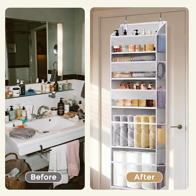 5 Tiers Over Door Organizer with 10 Mesh Side Pockets, 44 lbs Weight Capacity Hanging Storage Organizer with Clear Window Kids Toys, Shoes, Diapers, Light Gray - Image 7