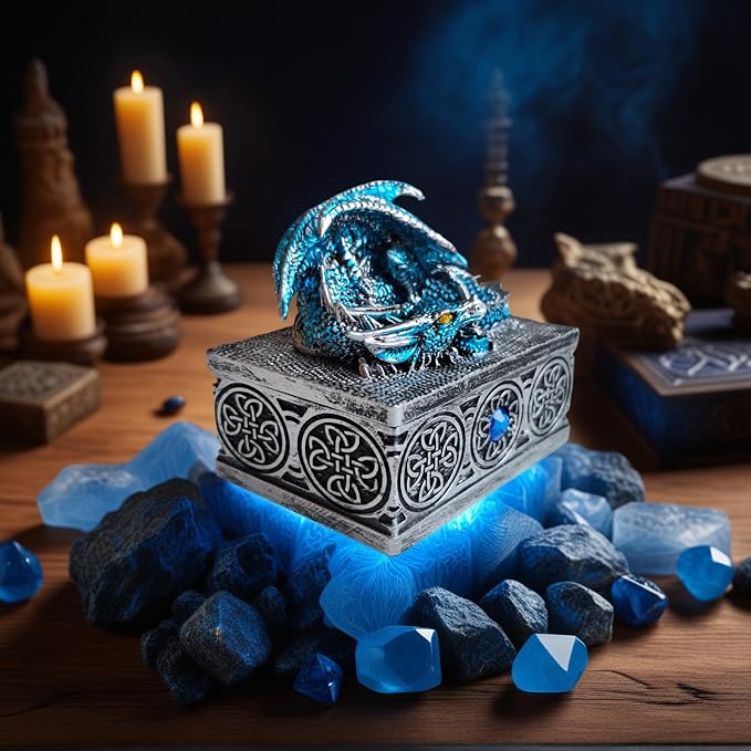 Dragon Statue Jewelry Box, Medieval Fantasy Myth Dragon With Cover Treasure Box, Dragon Statue Decoration Collection Gift Box. (Blue) - Image 2