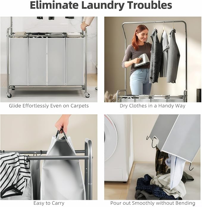 ROMOON Laundry Hamper Sorter Cart: 4 Section Organizer with Hanging Bar and Heavy-duty Lockable Wheels | 180L Rolling Laundry Basket with Clothes Rack in Laundry Room or Small Spaces (Grey) - Image 7