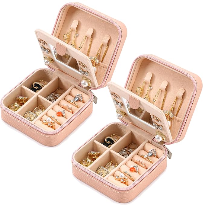Neveika Jewelry Box with Mirror,Small Jewelry Organizer Box，Travel Jewelry Case for Women，Gift Jewelry Boxes for Female Girls (2pcs mirror pink) by NEVEIKA