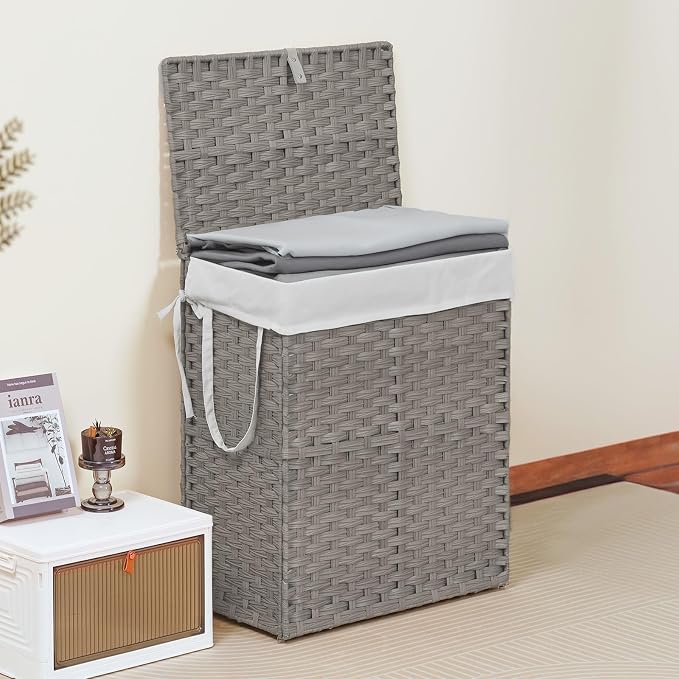 DUMOS Woven Laundry Basket with Lid, 90L Large Capacity Hamper, Removable & Machine-Washable Liner, Foldable Rattan Clothes Hamper, Sturdy Steel Frame, Odor Control, Dove Gray - Image 2