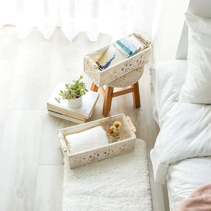Mkono Macrame Storage Baskets Boho Decor Box Handmade Woven Decorative Countertop Toilet Tank Shelf Cabinet Organizer for Bedroom Livingroom Home, Set of 2, Ivory - Image 4