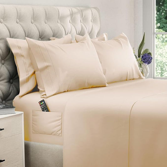 DREAMCARE King Size Sheets Set - 6 pcs Breathable Cooling Bed Sheets - up to 21" Extra Deep Pocket King Sheet Set with Side Pockets - Extra Soft 100% Brushed Hypoallergenic Hotel Luxury Bedding, Wheat