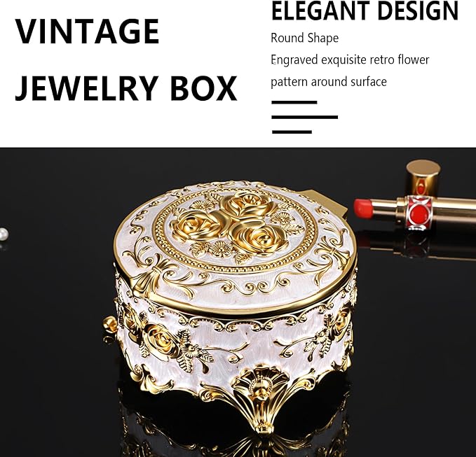 Hipiwe Round Jewery Box Metal Trinket Organizer Decorative Keepsake Box for Trrasure Ring Earring Holder Vintage Jewelry Display Case, Beige, 5.7" L x 5.1" W x 3.5" H - Image 2