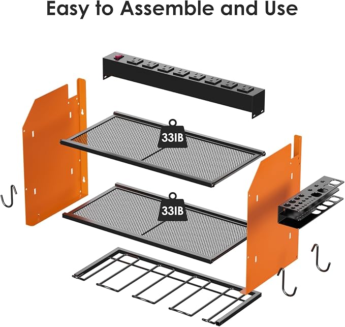 CCCEI Modular Power Tool Organizer Wall Mount with Charging Station. Garage Drill Storage Shelf with Hooks, Heavy Duty Rack, Tool Battery Holder Built in 8 Outlet. Gift for Men. Orange, 1 Pack. - Image 7