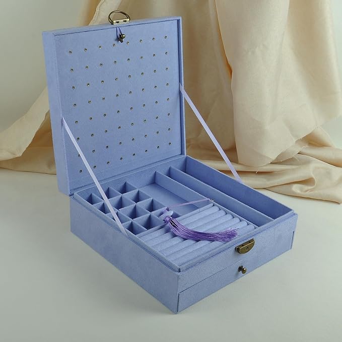 Women Jewelry Box Lockable 3 Layers Large Jewelry Organizer Storage Case for Earrings Necklaces Rings Bracelets,Green Display Jewel Holder (Lavender) - Image 3
