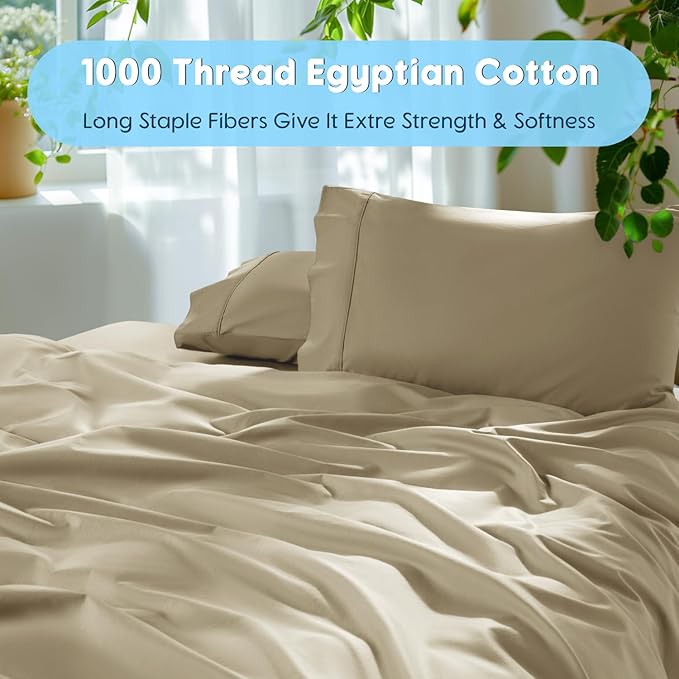 SONORO KATE 100% Egyptian Cotton Sheets Set - 1000 High Thread Count, Luxury 5-Star Hotel Sateen Bed Sheets, Soft, Breathable Long Staple Sheets, Fit up to 16" - 4 PC (Linen,King)