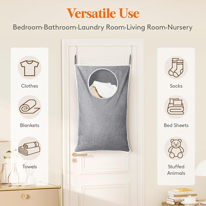 Lifewit 1 Pack Over Door Laundry Hamper, Large Collapsible Hanging Laundry Hamper, Hanging Laundry Basket Bag for Bathroom Bedroom Dirty Clothes Storage Organizer, Light Gray - Image 5