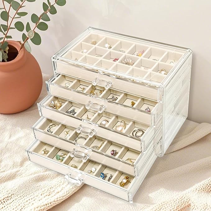 Acrylic Earring Holder Organizer with 5 Drawers Clear Earring Organizer Box with 90 Adjustable Grids Velvet Earring Display Case Jewelry Organizer for Earrings Rings Studs (Beige) - Image 5