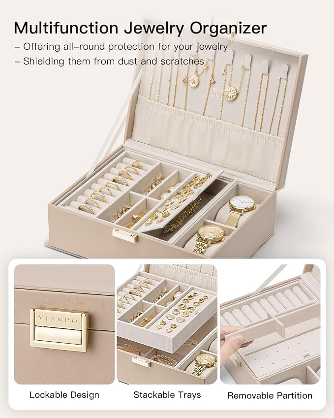 VLANDO Jewelry Organizer,2 Layer Jewelry Box Large Jewelry Organizer for Women Removable Jewelery Tray with Watch Pillow for Necklace Earrings Rings Bracelets (Toffee) - Image 6