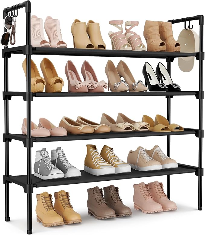 LANTEFUL 4 Tier Shoe Rack for Closet Shoe Organizer with 5 Hooks, Long Shoe Shelf Storage for Shoe and Boot Stackable Free Standing Shoe Rack for Entryway, Garage, Small Spaces, Dorm, Black by LANTEFULforTidyingHouse