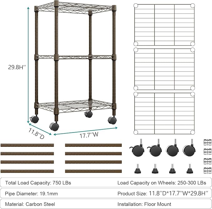 M MZG 3 Tier Shelf Metal Storage Shelves Wire Rack Closet Organizers with Wheel for Garage Kitchen Bathroom Laundry Brown 11.8" D x 17.7" W x 29.8" H - Image 3