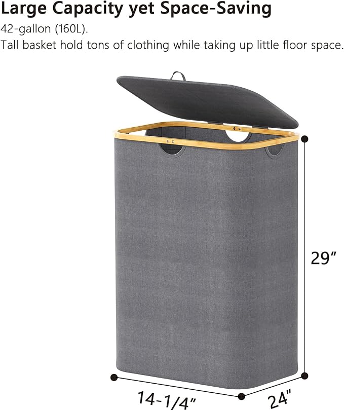 SpaceAid Double Laundry Hamper 2 Section with Lid and Removable Laundry Bags, 160L Clothes Basket with Bamboo Handles, Large Collapsible Hamper for Bedroom, Bathroom, Dorm, Laundry Room - Grey - Image 5