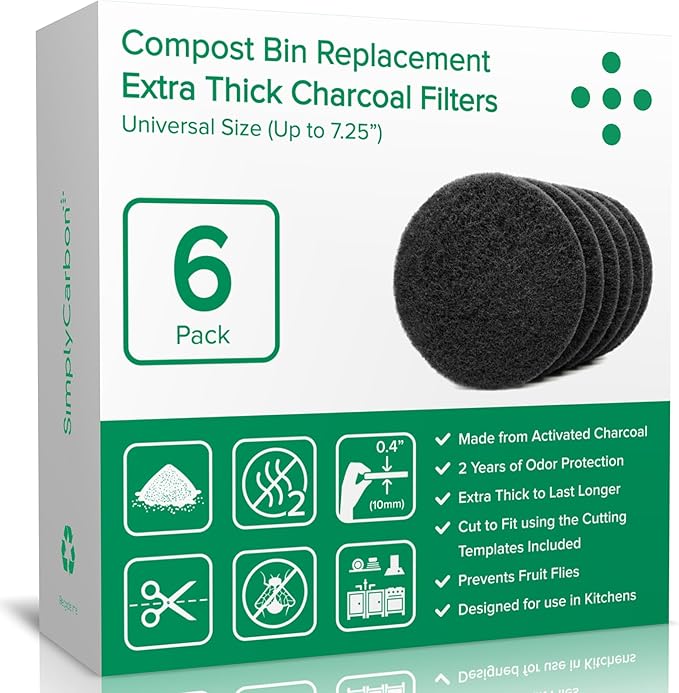 2 Years Supply Extra Thick Filters for Kitchen Compost Bins - Longer Lasting Activated Charcoal - Universal Size Fits ALL Compost Bins up to 7.25" Filter Size - Replacement Set of 6 (by Simply Carbon) by Simply+Carbon