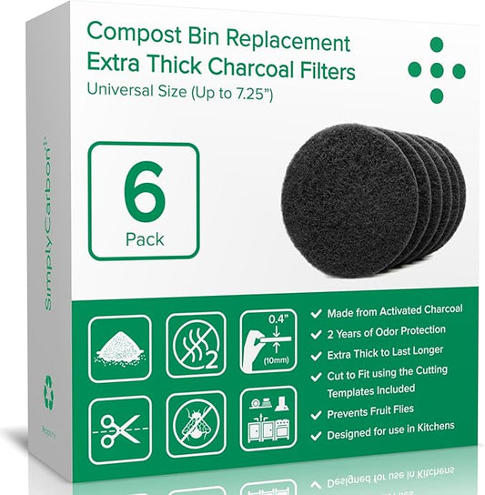 2 Years Supply Extra Thick Filters for Kitchen Compost Bins - Longer Lasting Activated Charcoal - Universal Size Fits ALL Compost Bins up to 7.25" Filter Size - Replacement Set of 6 (by Simply Carbon) by Simply+Carbon