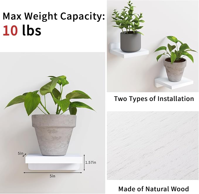 Fixwal Small Shelf for Wall, Rustic Wood Floating Wall Mounted Shelves for Bedroom, Living Room, Kitchen, Bathroom Decor, Set of 4, 5 x 5 Inches (White) - Image 3