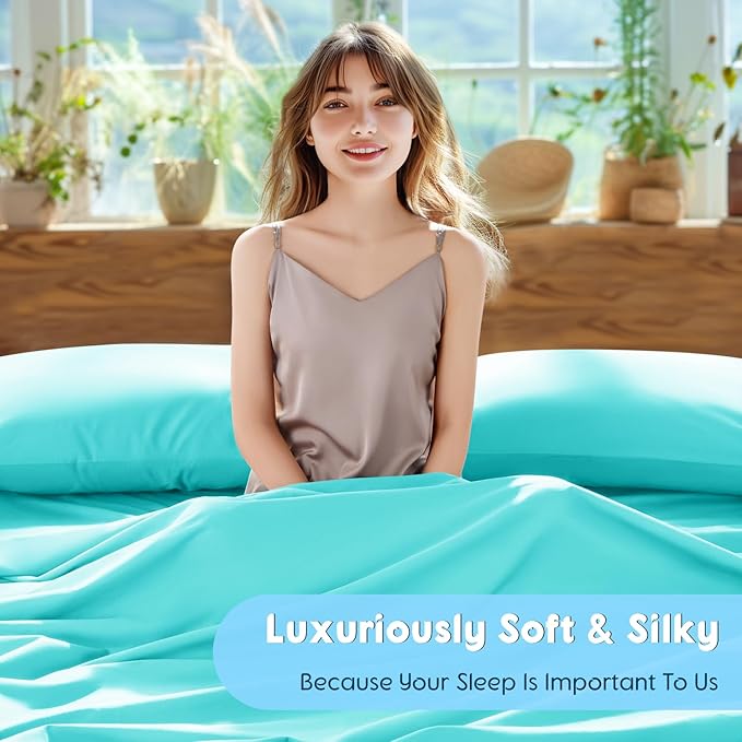 SONORO KATE 100% Egyptian Cotton Sheets Set - 1000 High Thread Count, Luxury 5-Star Hotel Sateen Bed Sheets, Soft, Breathable Long Staple Sheets, Fit up to 16" - 4 PC (Seafoam,Full)
