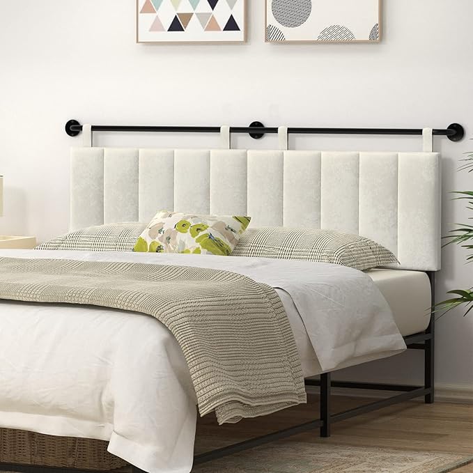 BSHOMGI King Headboards Only Wall Mounted Headboard for BedroomComfortable Velvet Vertical Channel Headboards for Adjustable Size Bed (Velvet Beige, King)