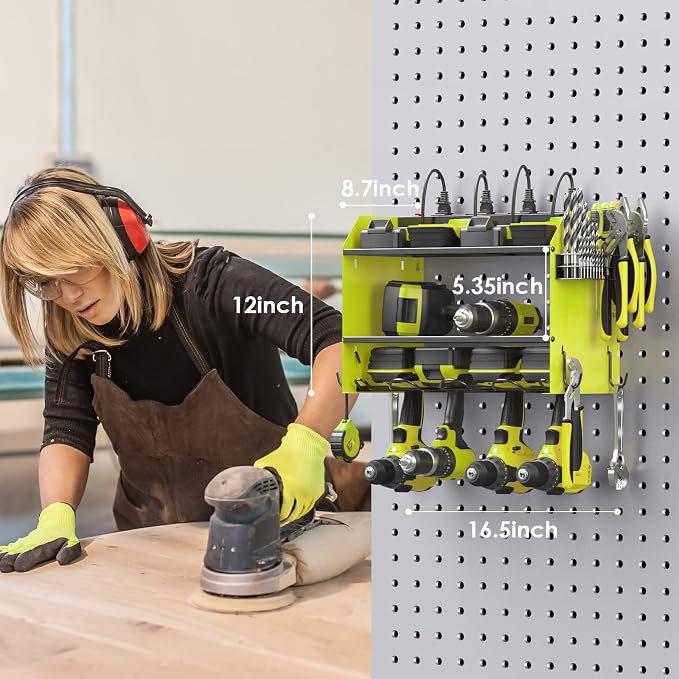 CCCEI Modular Power Tool Organizer Wall Mount with Charging Station. Garage Drill Storage Shelf with Hooks, Heavy Duty Rack, Tool Battery Holder Built in 8 Outlet. Gift for Men. Green, 1 Pack. - Image 8
