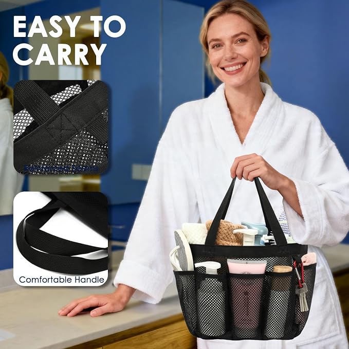 GYEUKHAM Large Mesh Shower Caddy Portable with 8-Pocket for College Dorm Room Essentials,Quick-Dry Handing Shower Basket Tote Bag for Toiletry, Bathroom,Beach,Camp,Gym,Black - Image 5