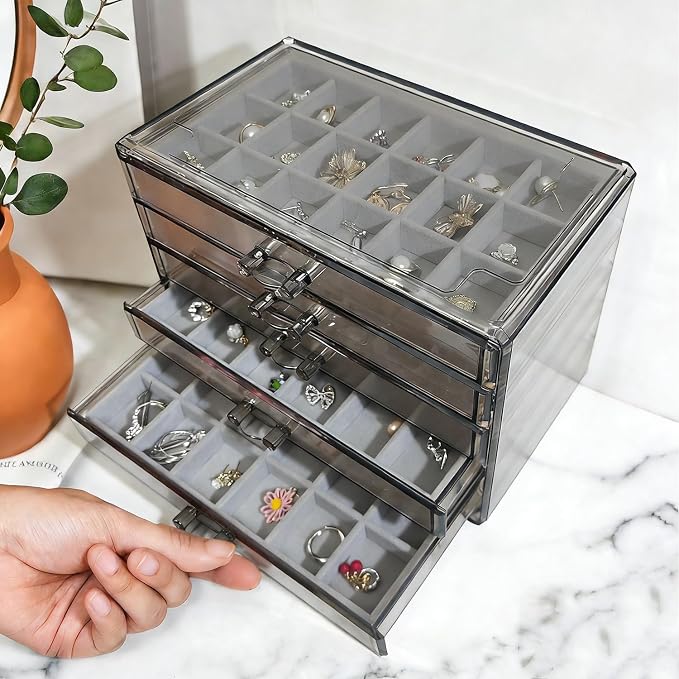 Acrylic Earring Holder Organizer with 5 Drawers Clear Earring Organizer Box with 90 Adjustable Grids Velvet Earring Display Case Jewelry Organizer for Earrings Rings Studs (Brown Gray) - Image 2