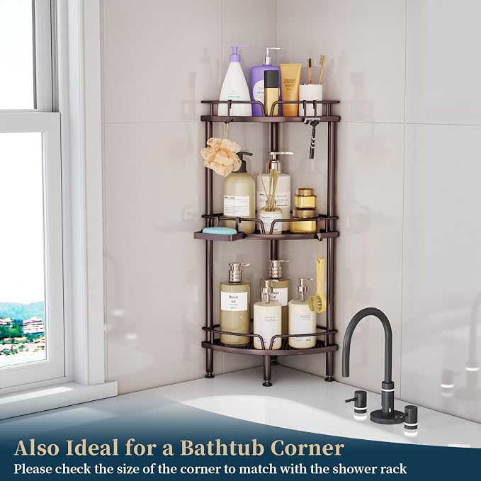 Consumest Corner Shower Caddy Stand - 3 Tier Shower Organizer with Soap Holder, Tall Floor Corner Shelves Standing with Adjustable Feet & 4 Hooks, Storage Rack for Bathroom, Bronze - Image 6