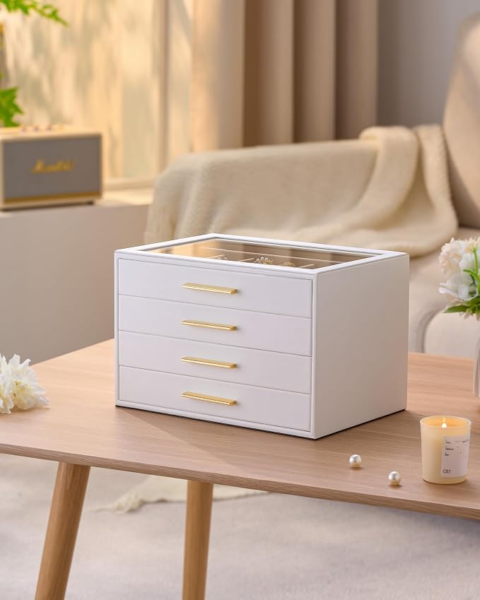 pickpiff Jewelry Box Organizer Case for Women: 4-Layer Jewelry Storage Case with Glass Window, Pure White Leather with Velvet Holder for Ring Necklace Bracelet Brooch Watch, Great Gift for Her - Image 7
