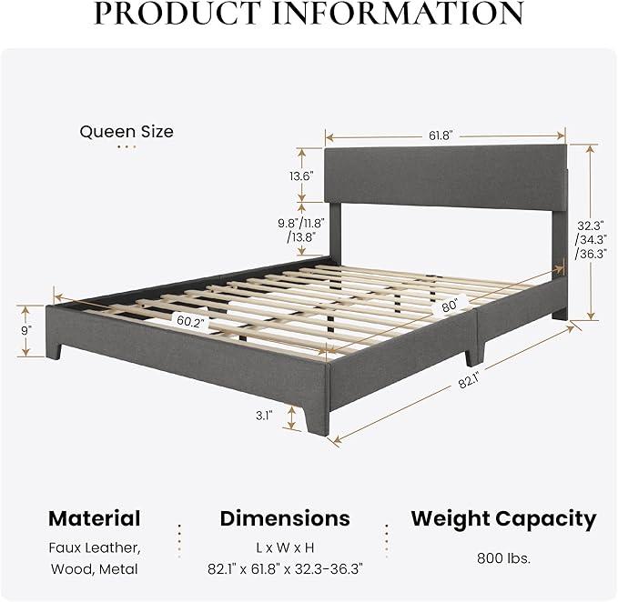 SHA CERLIN Queen Size Platform Bed Frame with Clean Line Fabric & Adjustable Headboard, Wood Slats Support, No Box Spring Needed, Easy Assembly, Dark Grey