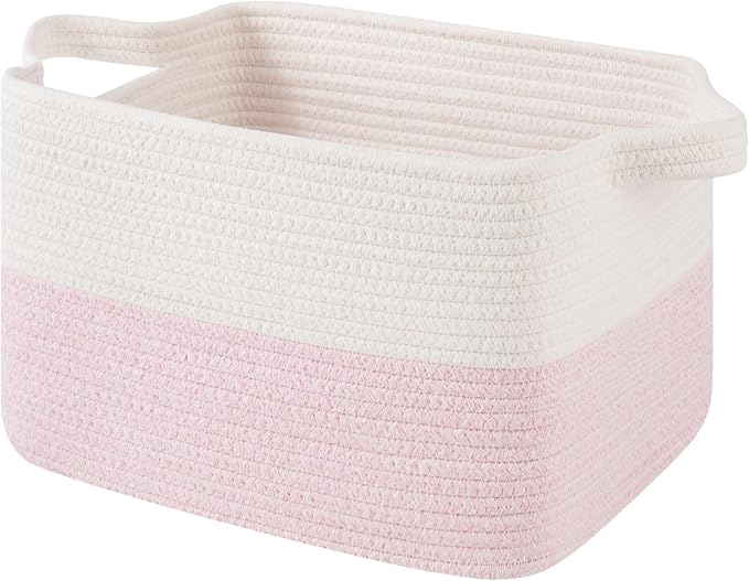 OIAHOMY Woven Storage Basket for Shelves, Rectangle Cotton Rope Baskets for Organizing, 13 x 10 x 9 in, Storage Bins for Dog Toys,Towel,Books,Gift,Pink and White by MasterofSpaceOptimization