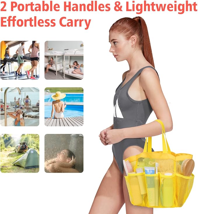 F-color Mesh Shower Caddy Portable, Upgrade Deeper 7 Pockets Shower Bag Basket Tote for College Dorm Room Toiletry Bathroom Essentials Gym Camp Quick Dry 2 handles with S Hook, Yellow - Image 5