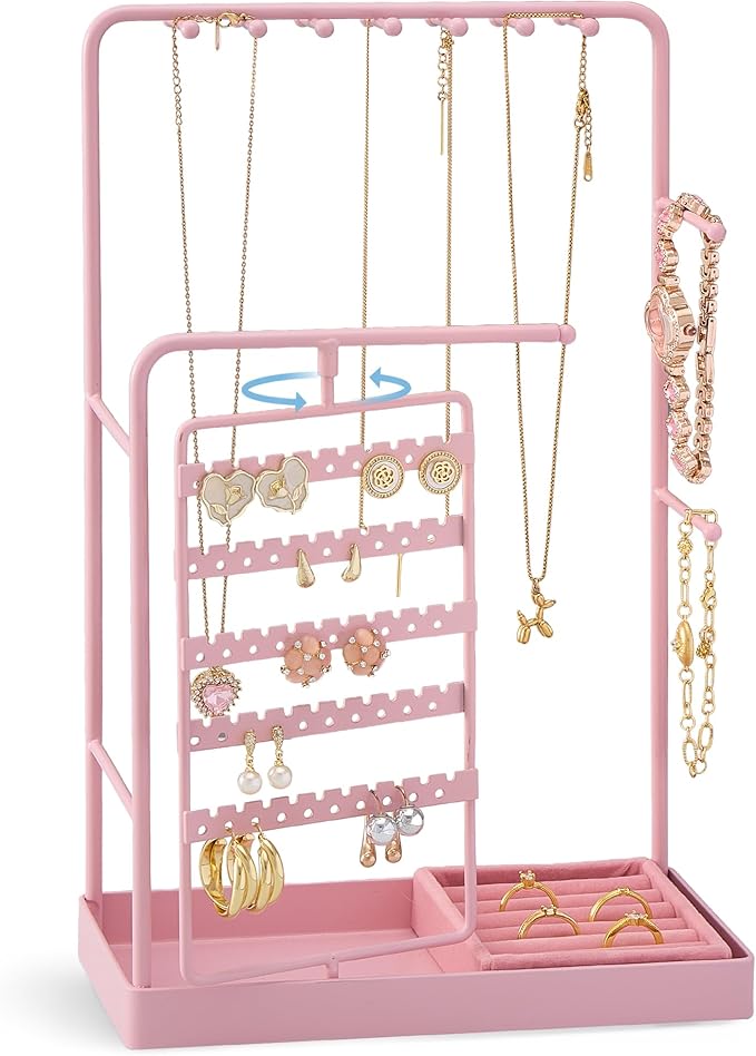 ProCase Jewelry Stand Holder Organizer, Jewelry Display Storage with Ring Tray, Rotating Earring Bracelet Necklace Holder, Valentine's Gifts Room Dorm Decor for Teen Girls -Pink (No-Assembly) by ProCase