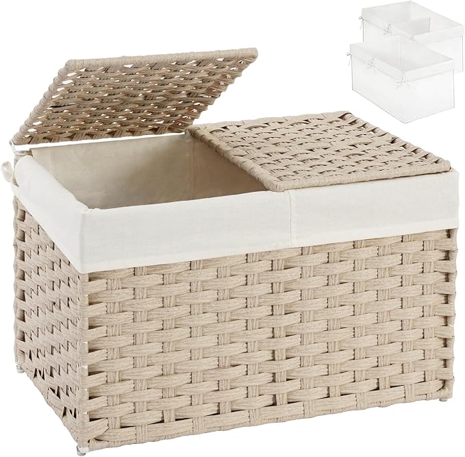 SETVSON Storage Basket with Lid Rattan Woven Storage Baskets with 2 Separate Lids, 17.2 Gallon (65 L) Wicker Storage Bins Foldable 2 Removable Liner Bags Handles for Bedroom, Laundry Room Light Khaki by SETVSON