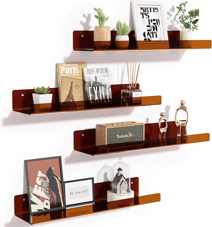 upsimples Acrylic Shelves for Wall Decor, 15" Display Shelf Perfume Organizer for Bathroom, Bedroom, Living Room, Floating Bookshelves for Kids, Clear Brown, 4 Pack - Image 4