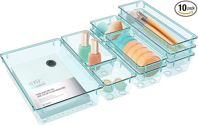 StorMiracle 10 PCS Drawer Organizer Set, 4 Varied Size Bathroom and kitchen Drawer cabinet organizer Trays, Clear Storage Bins for Makeup, Jewelry, Utensils and Gadgets by StorMiracle