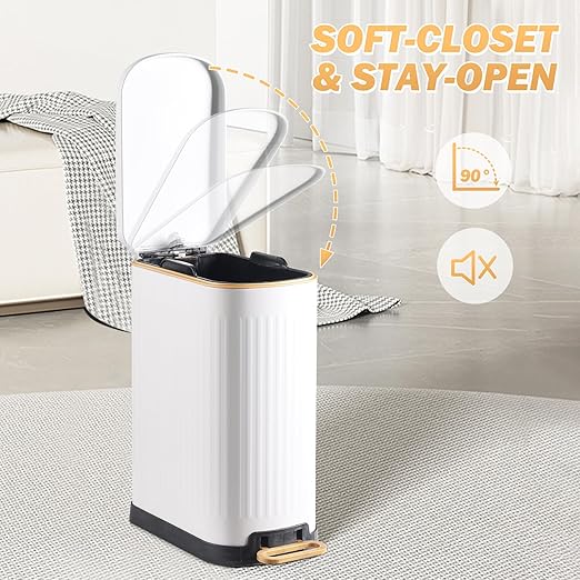 SYNCVIBE Slim Bathroom Trash Can with Soft Close Lid Stainless Steel Garbage Can Step Trash Bin with Removable Inner Bucket for Bedroom, Office, Kitchen (Matt White, 3.5 Gallons) - Image 5