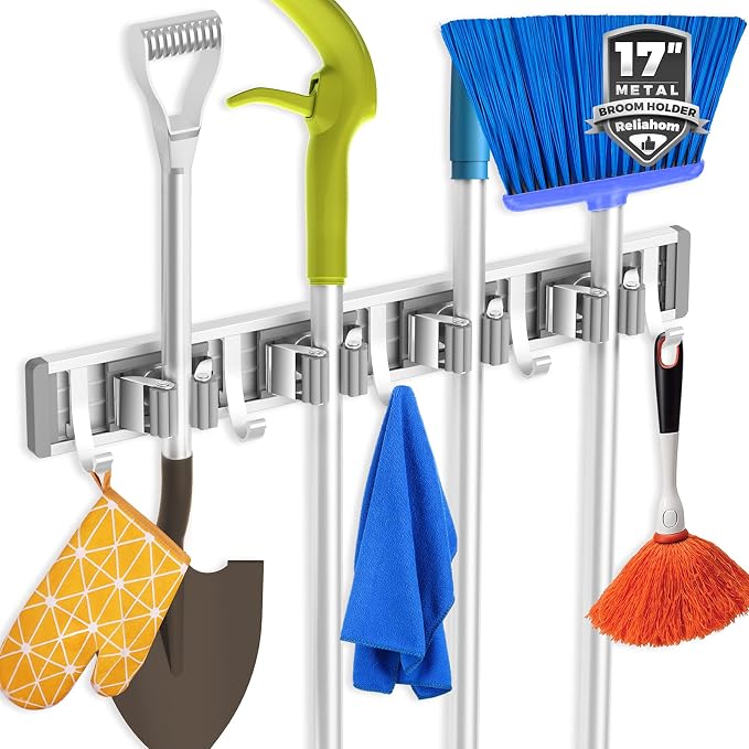 reliahom Adjustable Broom Holder Wall Mount, Mop Storage Tool Racks, Broom Hanger Tool Organizer for Garage, Kitchen, Garden, Laundry Room, 4 Racks 5 Hooks Silver by reliahom