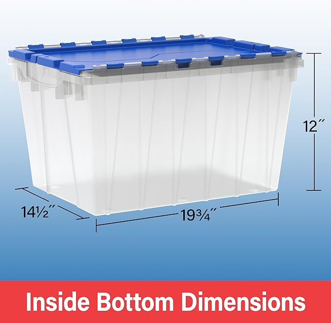 Akro-Mils KeepBox 12 Gallon Storage Container, Nesting and Stackable Plastic Storage Box with Lid Attached, Clear Tote for Garages, Closets, Moving, 21-1/2" x 15" x 12-1/2", Clear/Blue, Pallet of 48 - Image 6