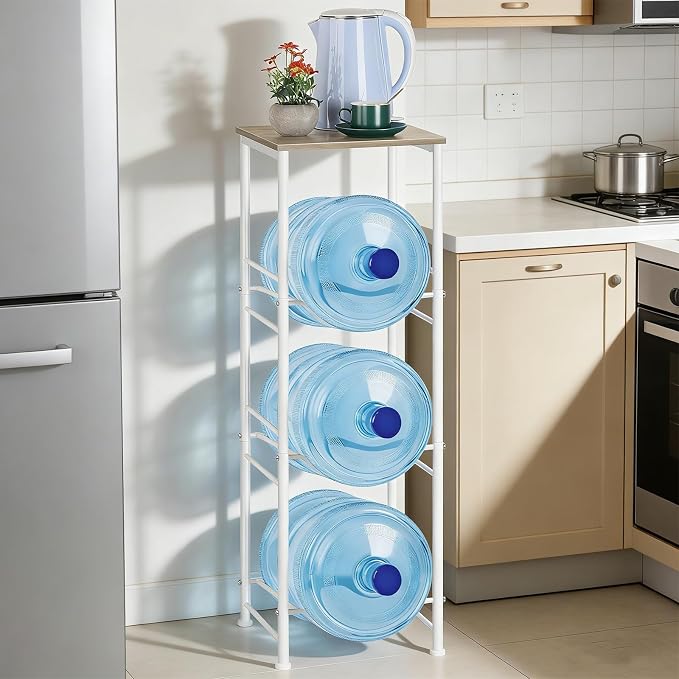 OYEAL Water Bottle Storage Holder 5 Gallon Drink Dispenser Stand with Table 3-Tier Heavy Duty Water Cooler Jug Rack Water Bottle Organizer for Kitchen, Office, Living Room, Rustic Grey by OYEAL