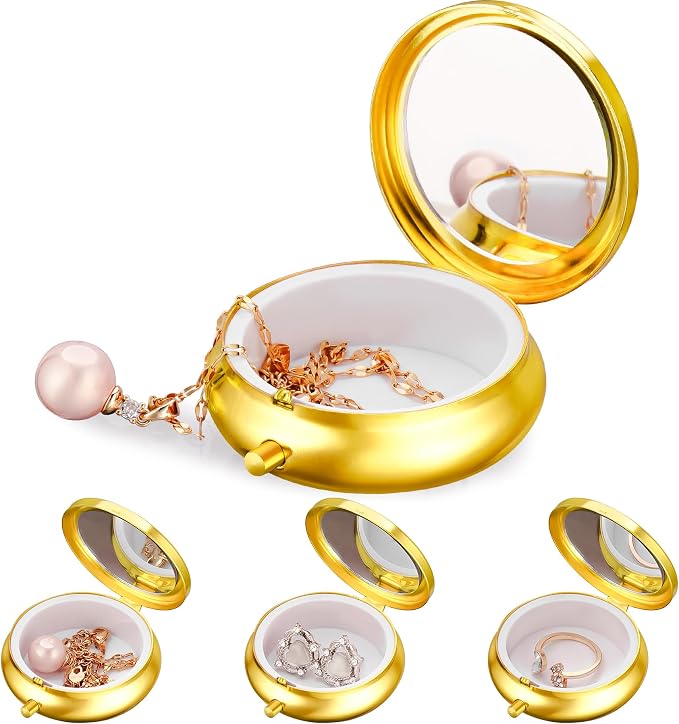 Mini Travel Jewelry Box with Built-In Mirror, Ultra-Portable Jewelry Holder for Rings, Necklaces, Earrings, Pills, Tea Bags, Small Accessories, Press-to-Open Multifunctional Storage (Gold) by Aphlos