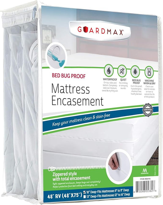 Guardmax Jersey Knitted RV Size Zippered Mattress Encasement - Waterproof & Bed Bug Proof Mattress Protector - Comfortable, Soft, and Noiseless Zippered Bedding - Dust Mite Proof (48 x 75 x 10)