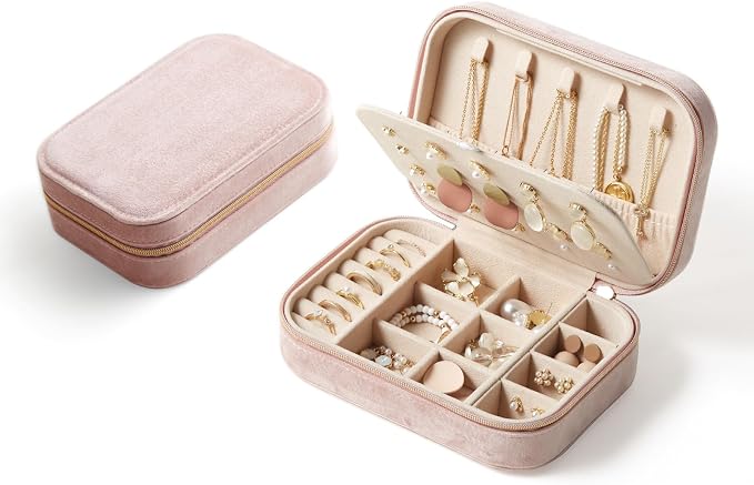 CASEGRACE Plush Velvet Travel Jewelry Box, Portable Jewelry Case for Women Girls, Double Layer Jewelry Organizer Display Box for Necklace Earring Rings Bracelet, Travel Accessory Gifts, Pink by Casegrace